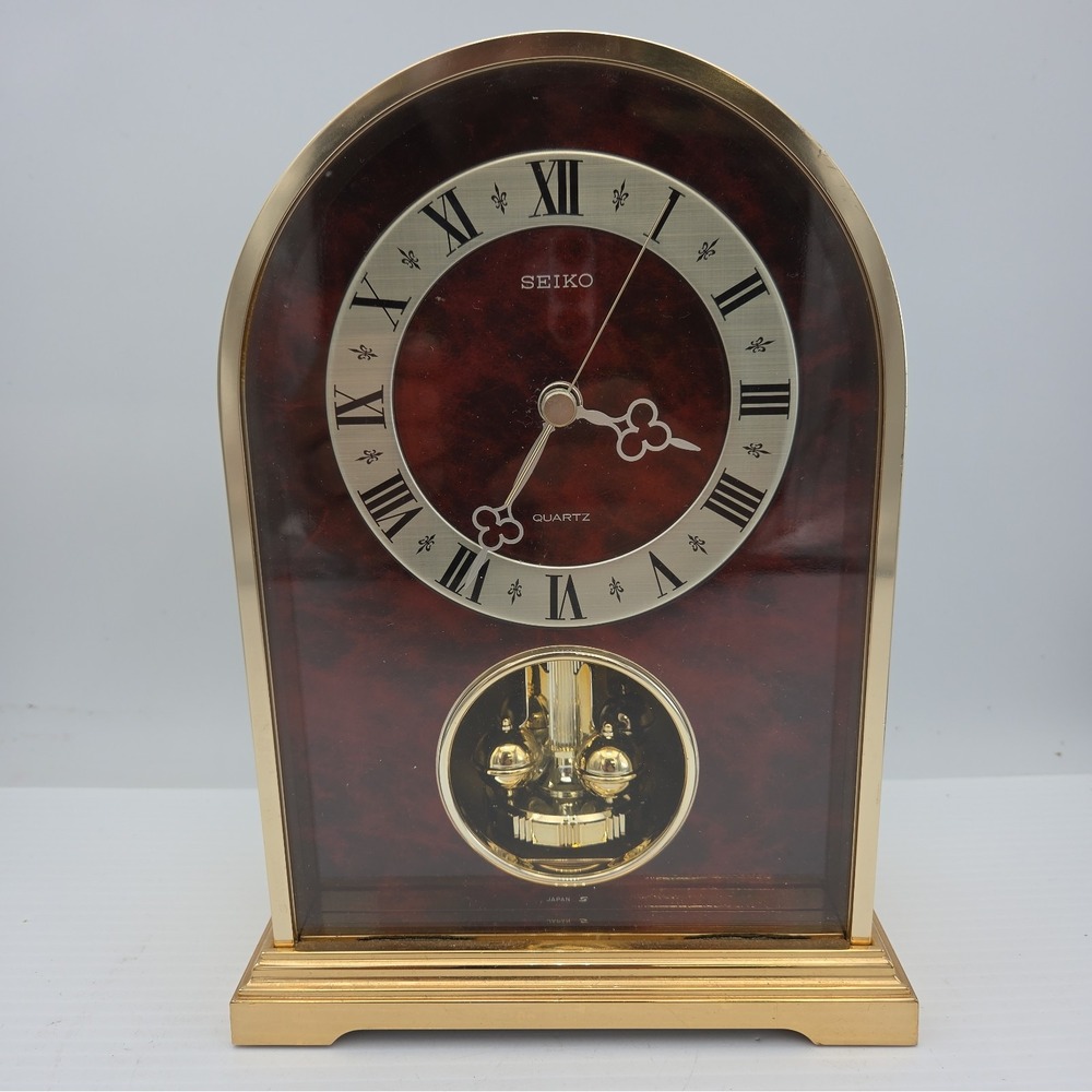 Seiko Quartz Mantel Clock w/ Rotating Anniversary Pendulum Faux Burlwood Japan